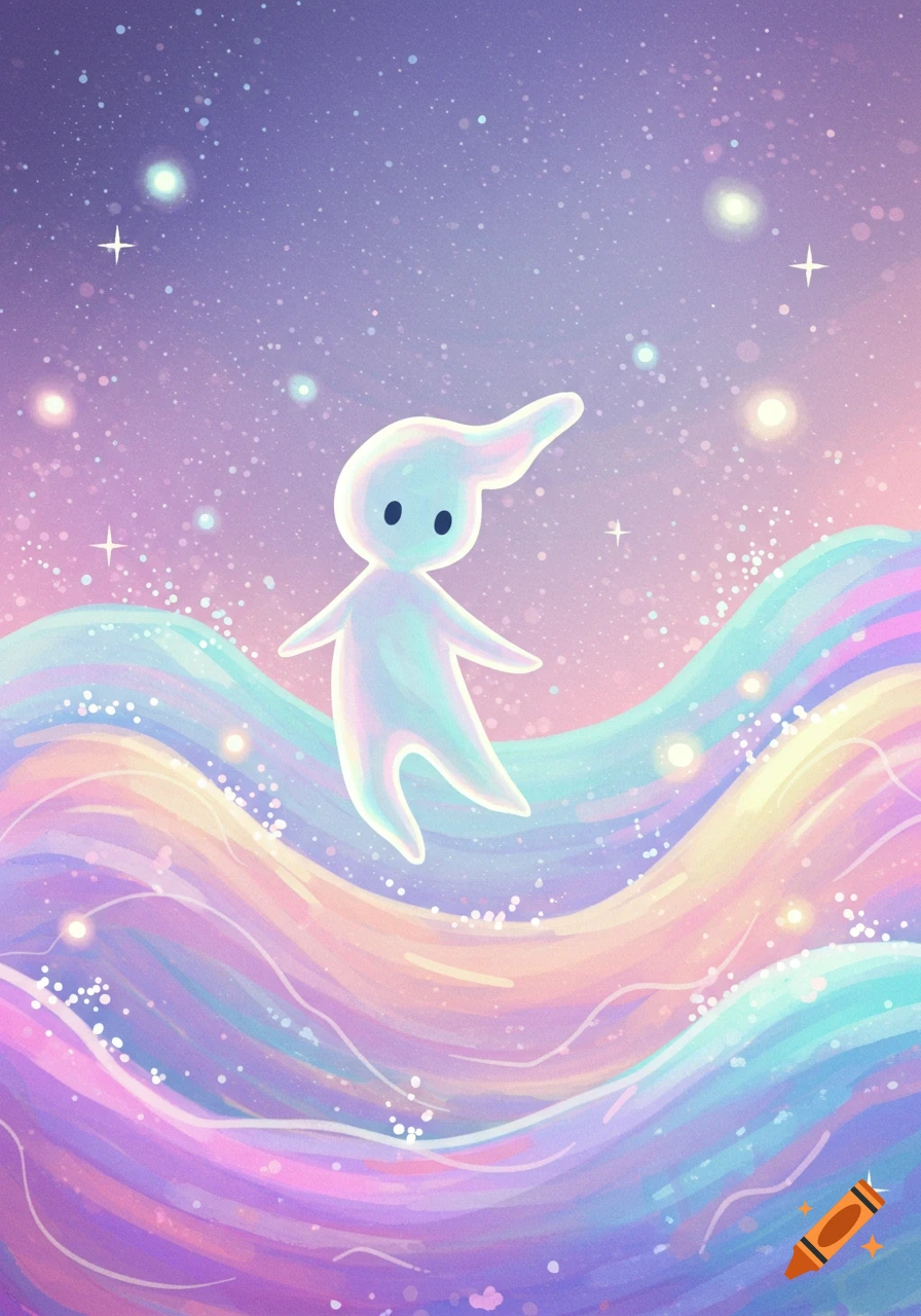 A cute, glowing, white creature floats over iridescent pastel waves under a starry purple and pink sky, in a dreamy illustration style.