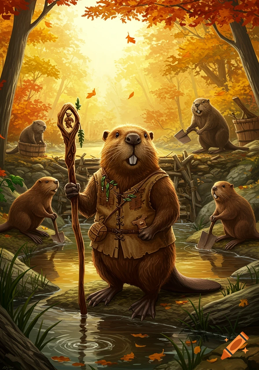 Whimsical illustration of an anthropomorphic beaver with a staff, surrounded by working beavers in a vibrant autumn forest.