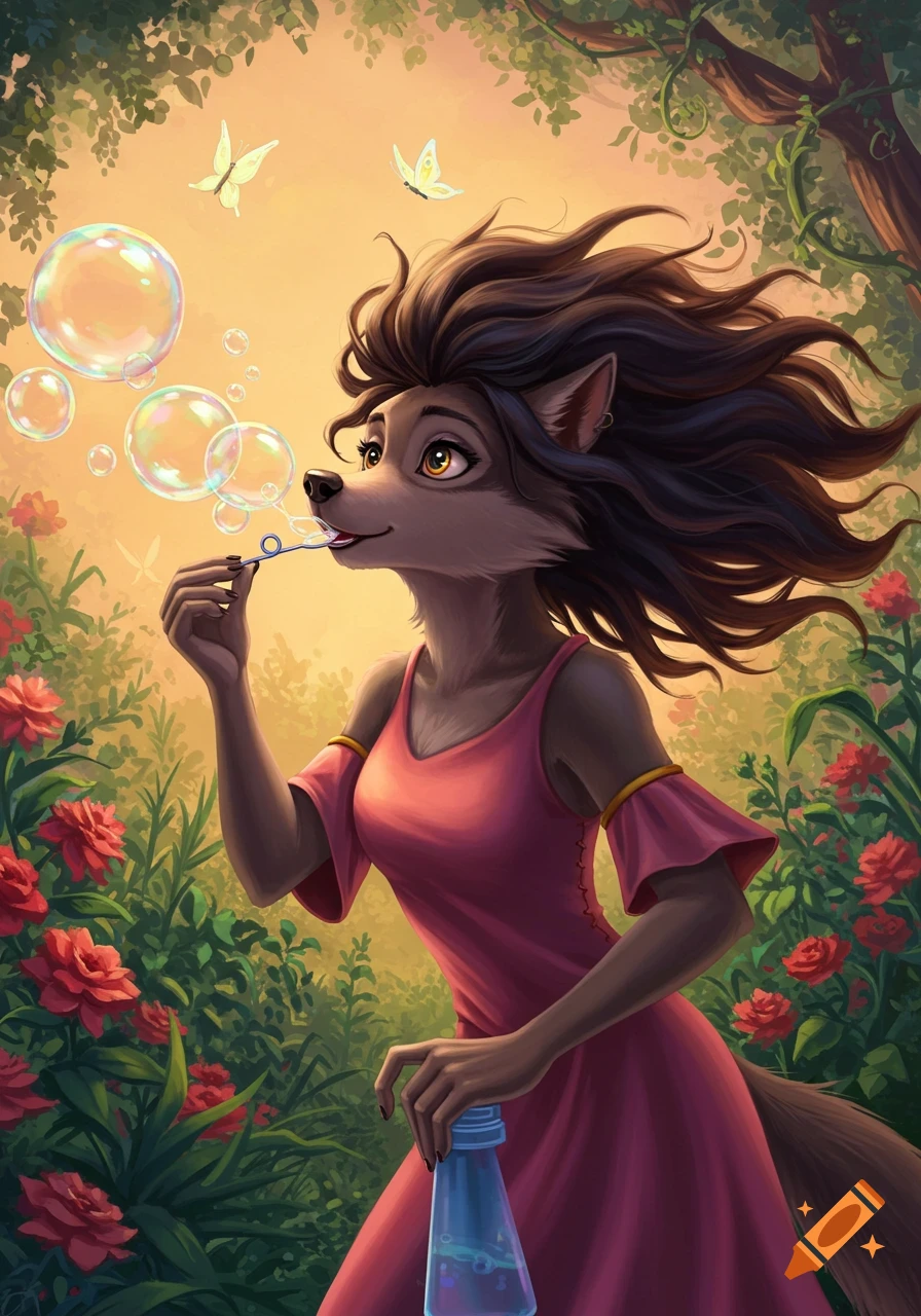 A Disney-style anthropomorphic wolf woman with long brown hair in a pink dress blows soap bubbles in a lush garden with red roses and butterflies.