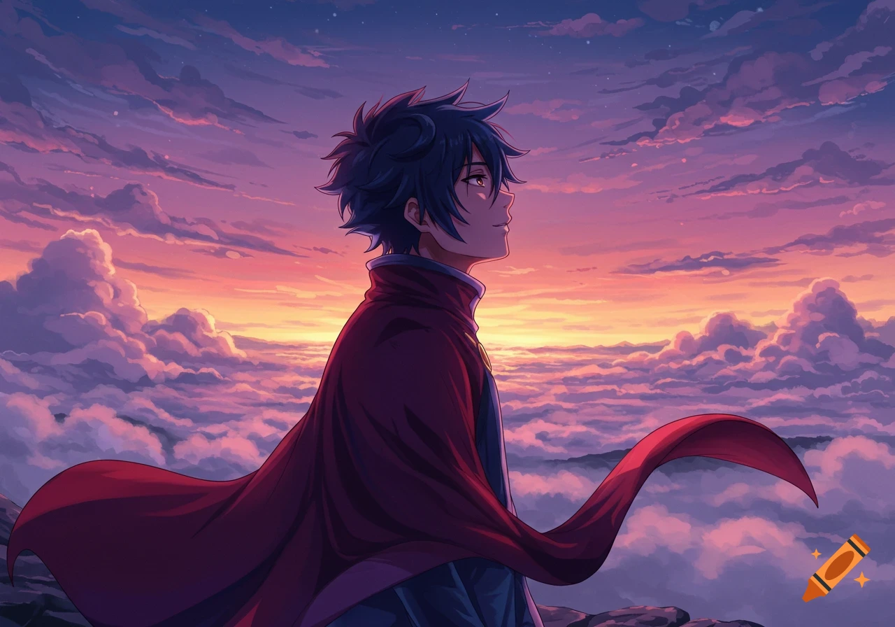 Anime man in a red cloak looking at a vibrant sunset over a sea of purple and orange clouds.