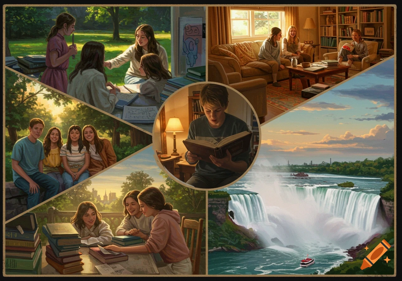 A collage of illustrations showing people studying, friends together, and a scenic view of Niagara Falls.