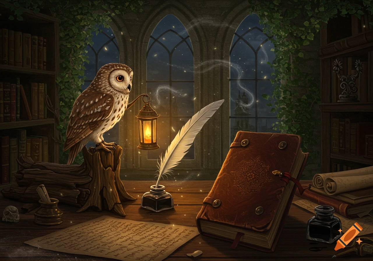 A wise owl with a lantern sits on a desk with a quill, ink, a large book, and parchment in a magical library at night.