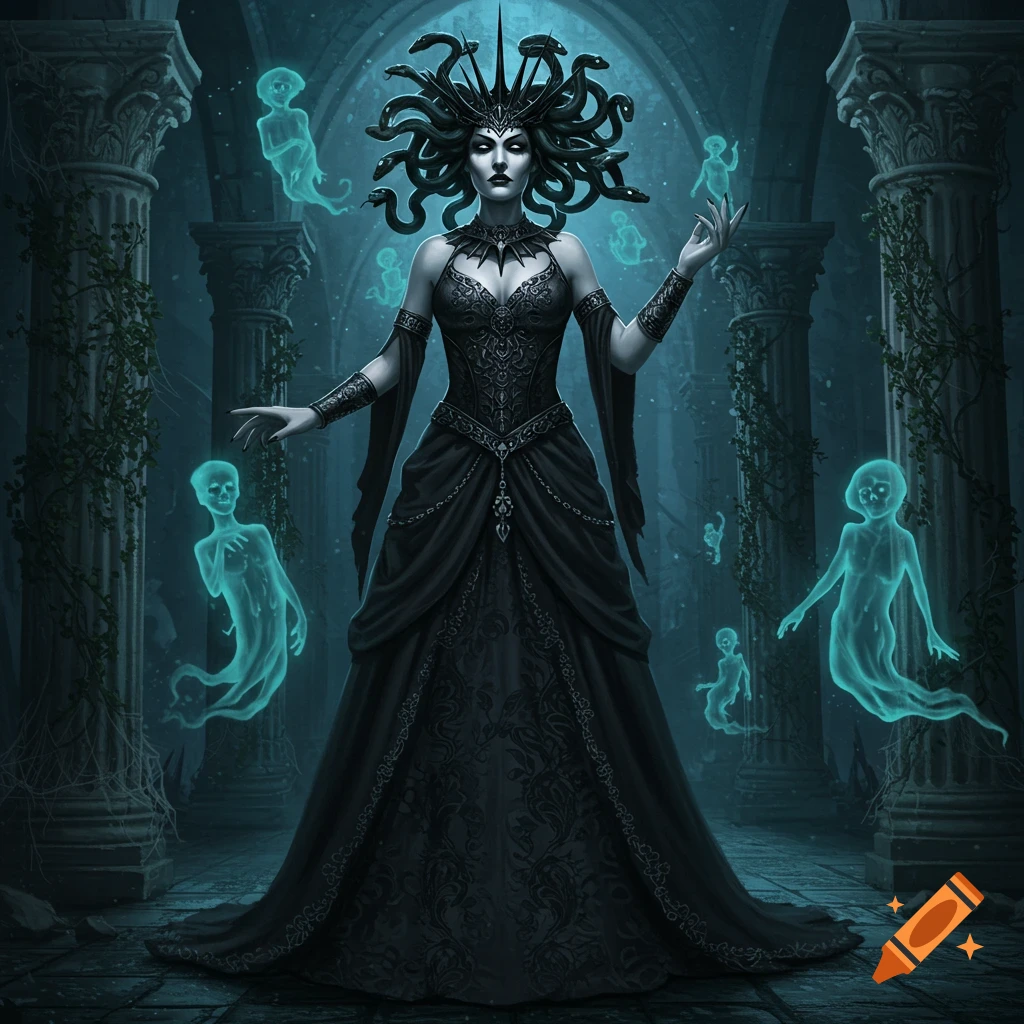 A gothic Medusa queen in a dark, ruined underworld, surrounded by glowing blue spirits. Dark fantasy illustration.