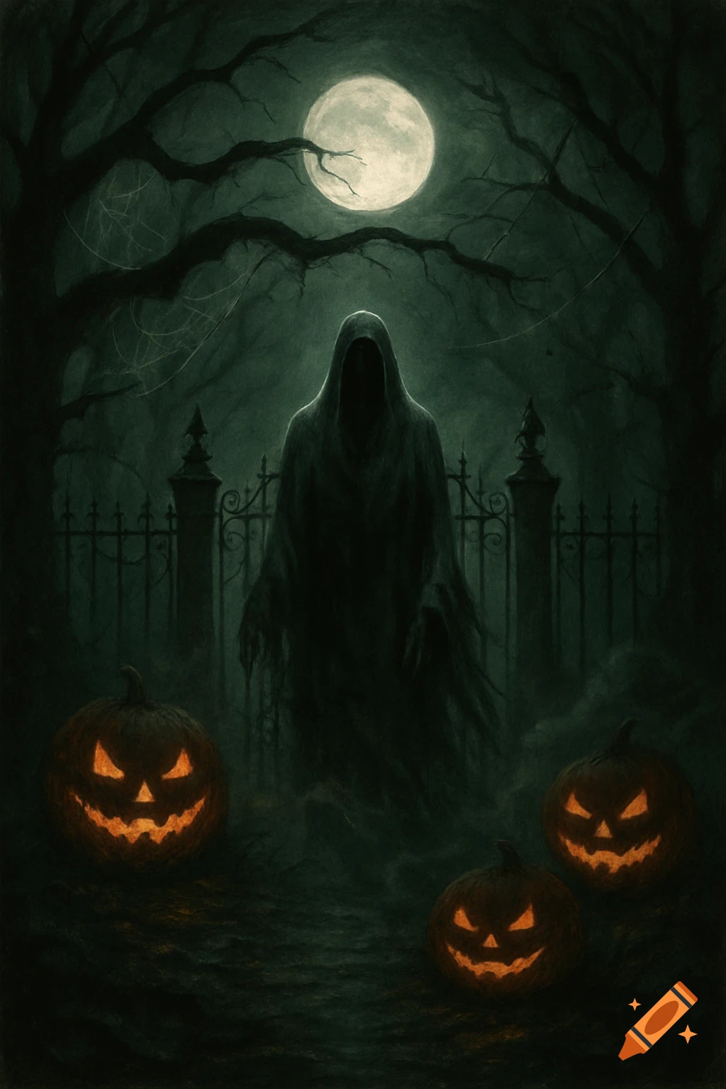 A shadowy cloaked figure stands before a spooky gate under a full moon, flanked by glowing jack-o'-lanterns in a dark, misty forest.