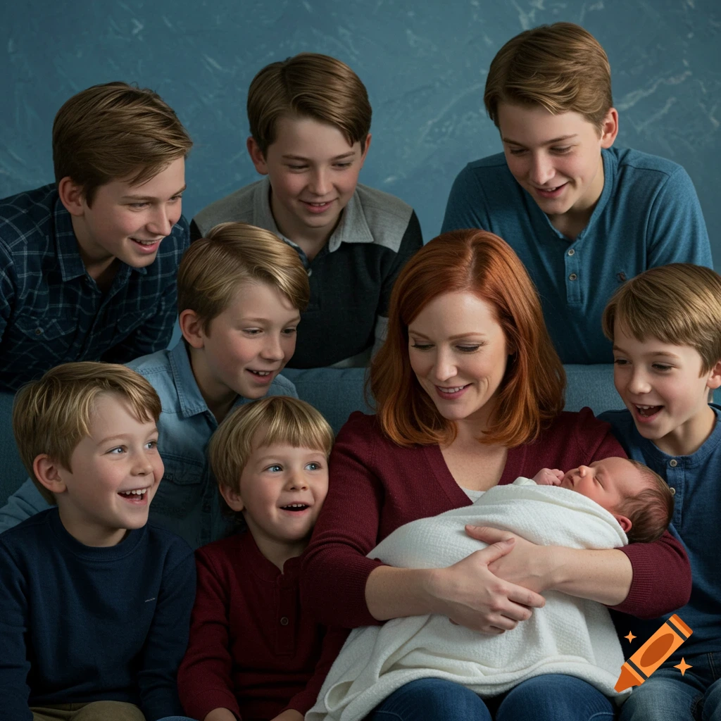 A smiling mother with red hair holds a newborn baby, surrounded by six happy young boys, against a blue background, in a photorealistic style.