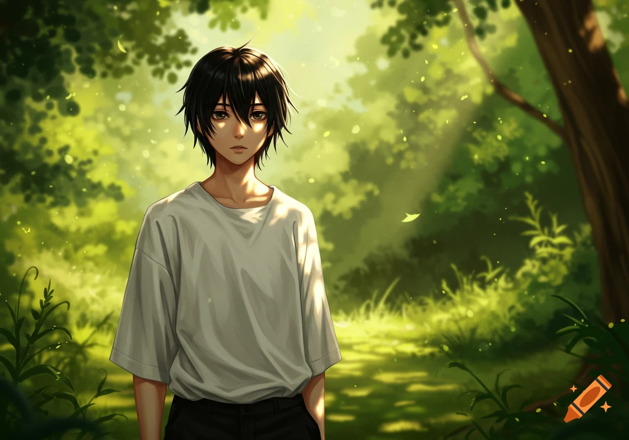Anime boy with black hair and brown eyes in a white shirt and black pants, standing in a sunny green forest.