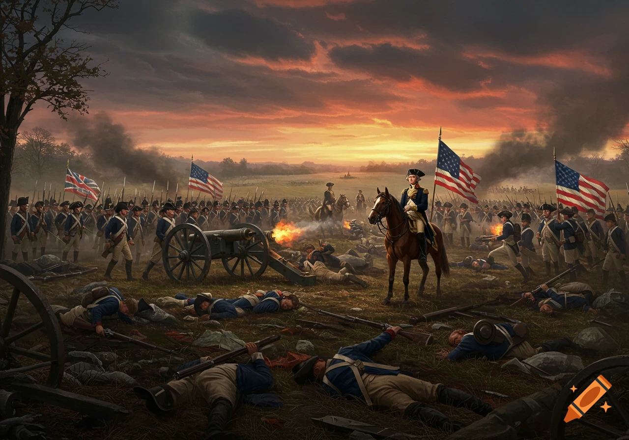 Dramatic painting of a historical battle with soldiers, cannons firing, and George Washington on horseback under a vivid sunset.