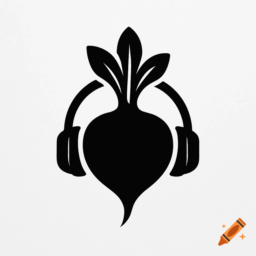 Minimalist black logo of a beet wearing headphones on a white background.