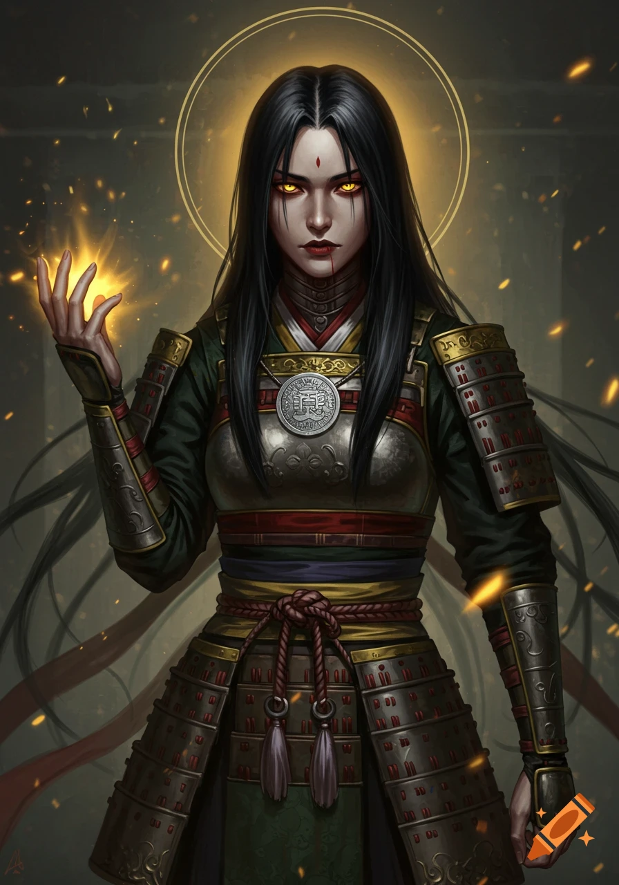 Digital painting of a Japanese warrior priestess with glowing eyes and ornate armor, holding a glowing light, framed by a golden halo.