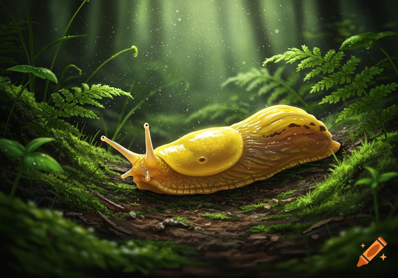 A vibrant yellow banana slug crawls on a moss-covered log in a lush, green forest with dappled light.