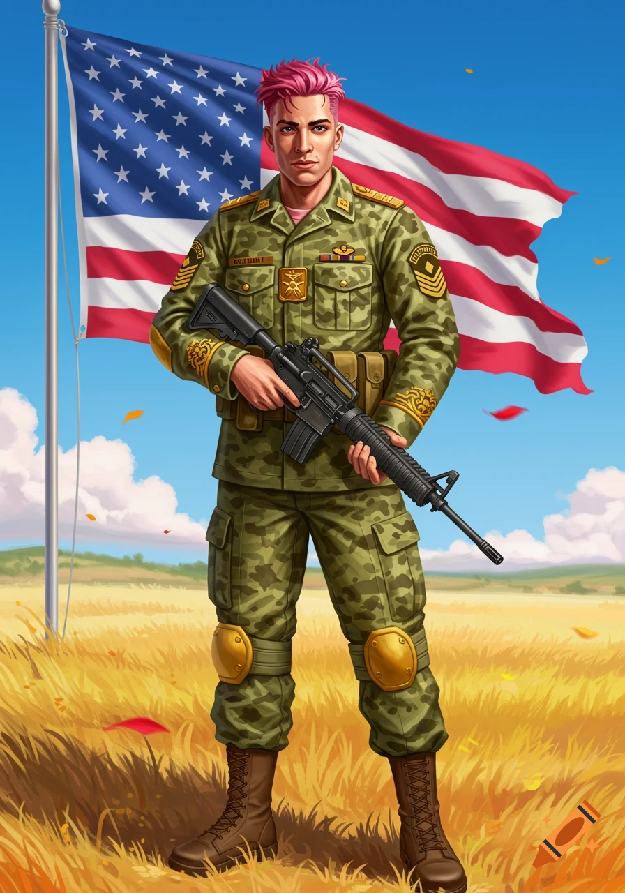 An illustrated man with pink hair in military fatigues holds a rifle in a field with an American flag.