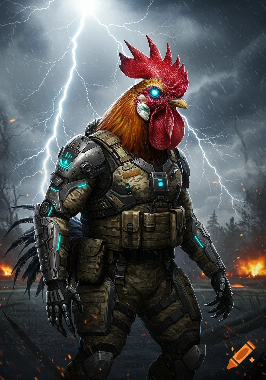 An anthropomorphic rooster in futuristic military armor with glowing blue accents stands under a lightning storm, with distant fires.