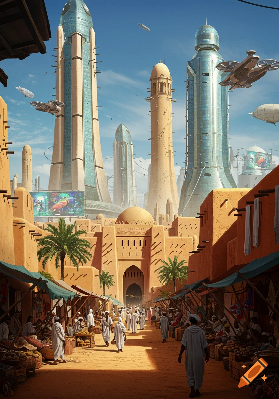A bustling market street with traditional mud-brick buildings leading to a futuristic city with towering skyscrapers and flying vehicles.