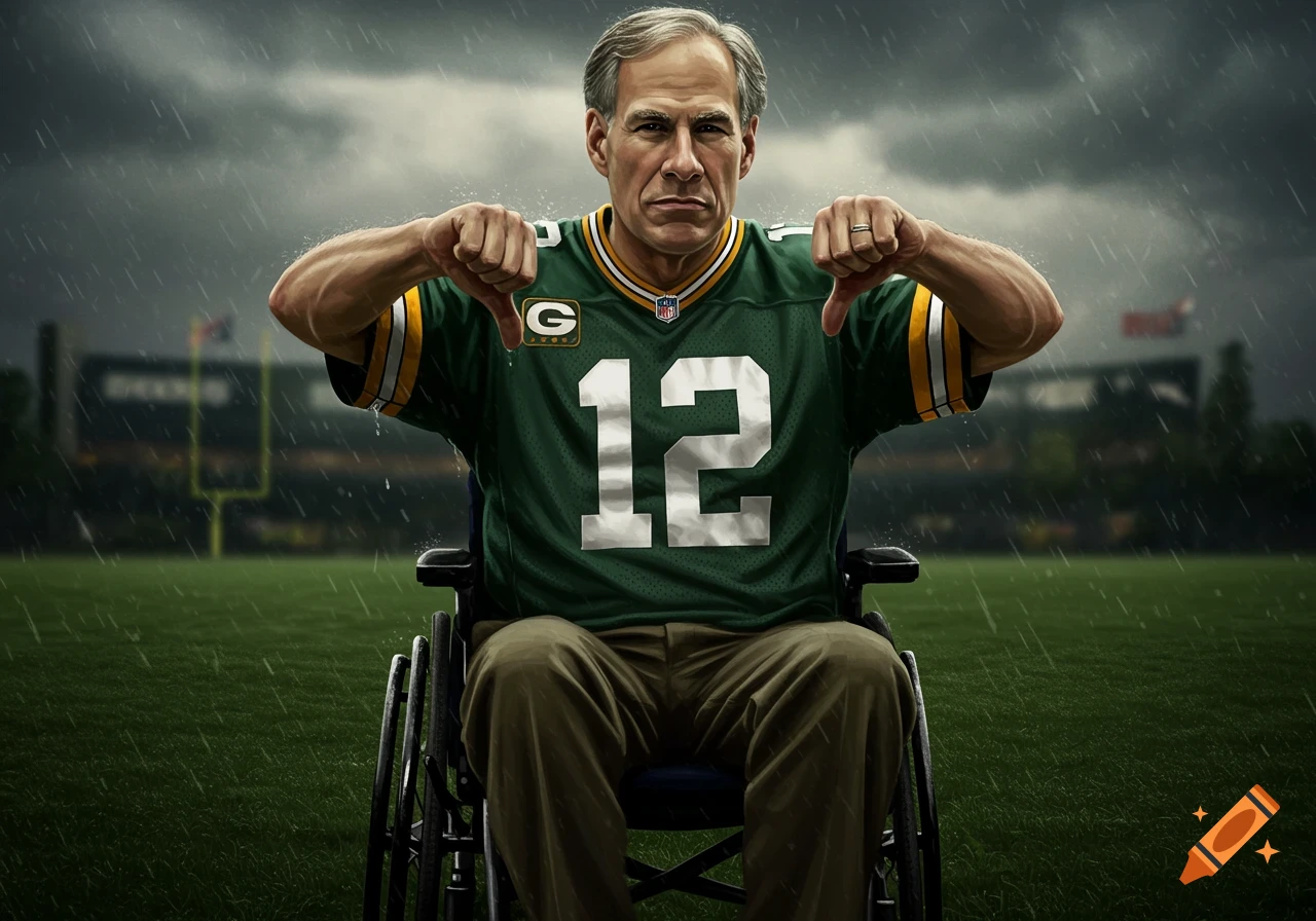 Photorealistic illustration of Greg Abbott in a Green Bay Packers jersey, in a wheelchair on a rainy football field, giving two thumbs down.