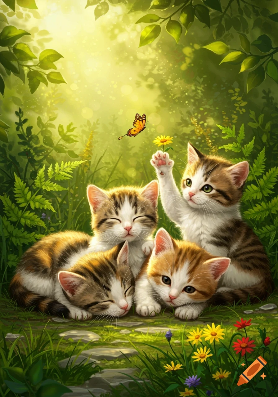 Vibrant illustration of four cute kittens in a sun-dappled forest. One kitten reaches for a butterfly and a yellow flower.