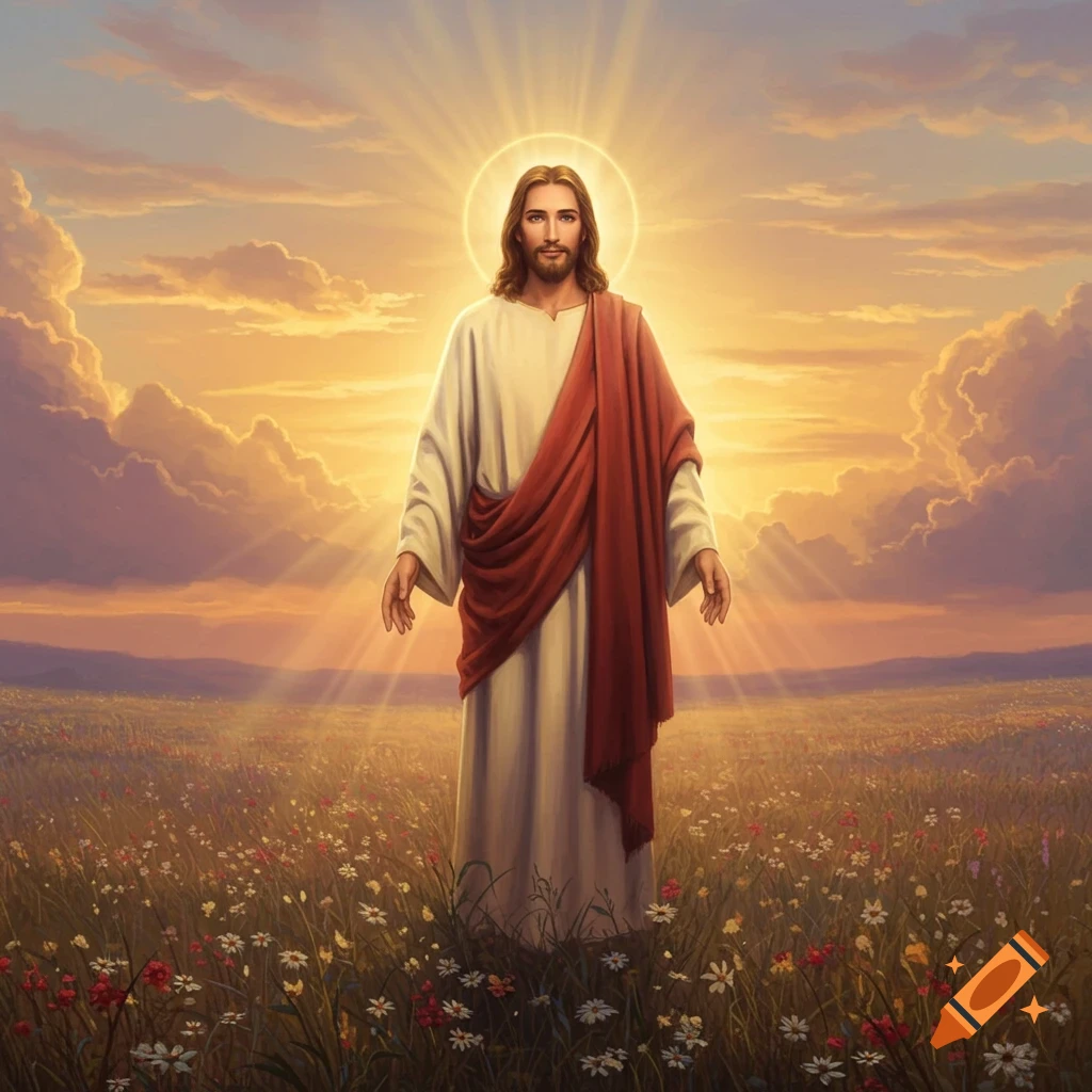 Jesus Christ with a halo of light, standing in a field of colorful wildflowers under a dramatic, glowing sunset sky.