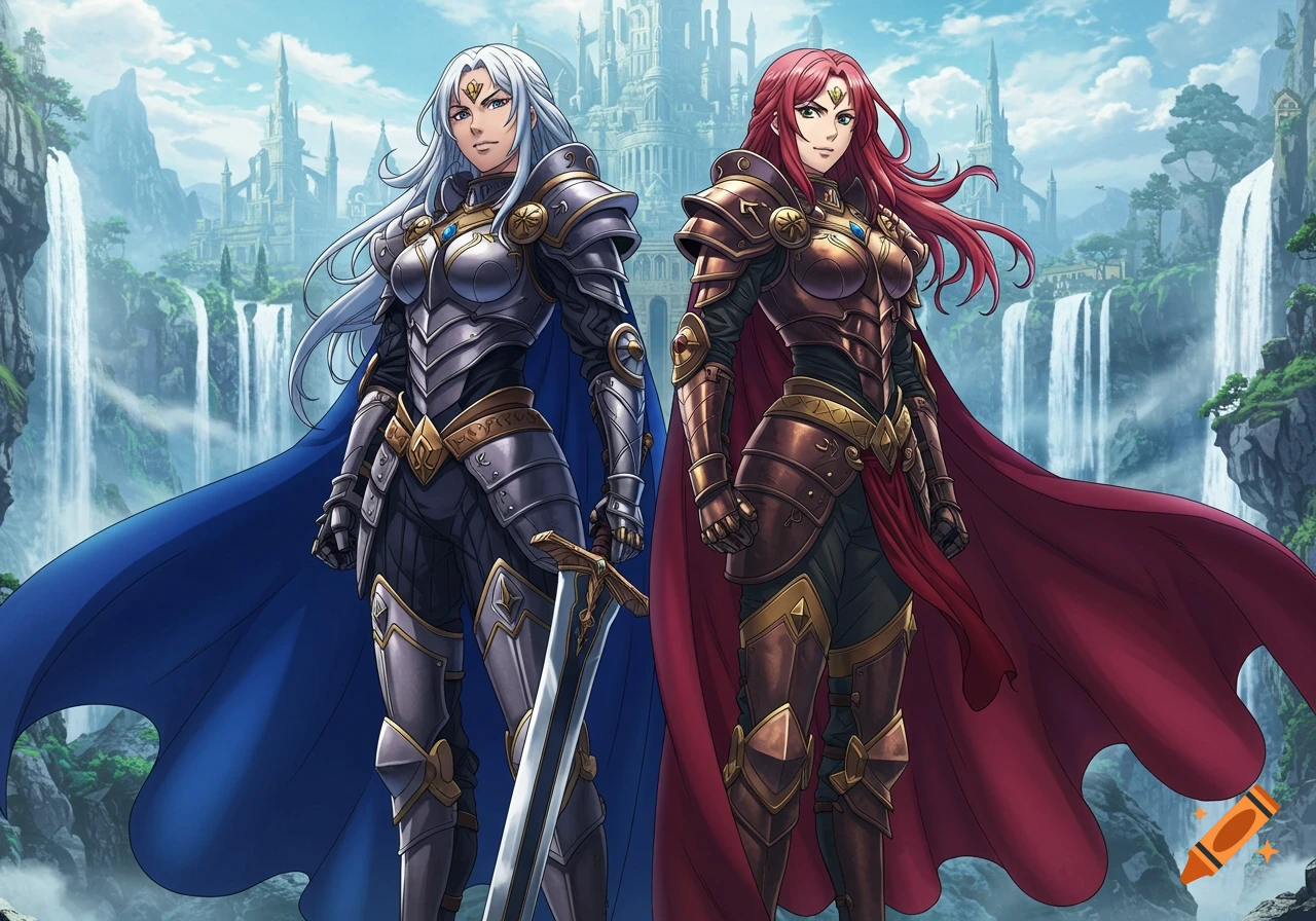 Anime: Two confident female warriors in ornate silver and bronze armor stand before a fantasy castle and waterfalls.