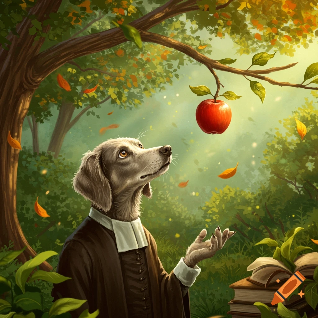 A grey dog dressed as Isaac Newton gazes at a red apple hanging from a tree branch in a sunlit forest. Books rest at its feet. Stylized.