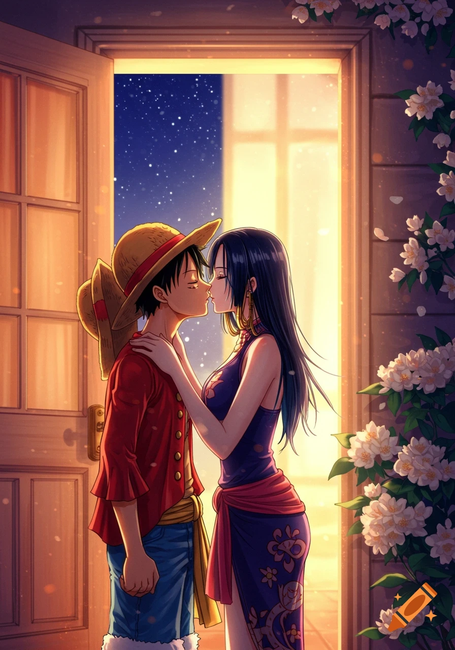 Anime illustration of Luffy and Hancock about to kiss in a doorway, with a starry night sky and white flowers.