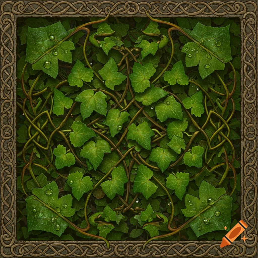 Realistic insular Celtic knot-work border framing a dense pattern of twining green leaves with water droplets.