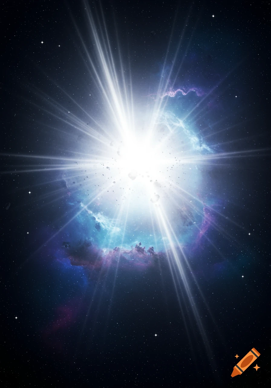 A bright, star-like explosion radiates intense light in a dark, star-filled space with blue and purple nebula clouds.