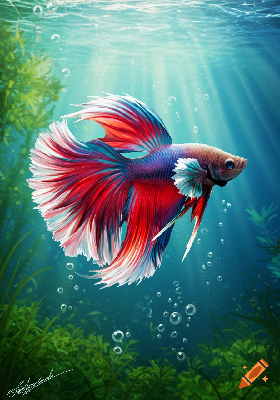 A vibrant, colorful betta fish with flowing red, white, and blue fins swims in clear blue-green water with plants and bubbles, illuminated by light rays.
