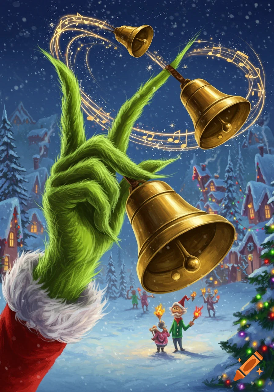 Grinch hand in a Santa sleeve rings golden bells over a snowy Christmas village scene with tiny figures, glowing musical notes.