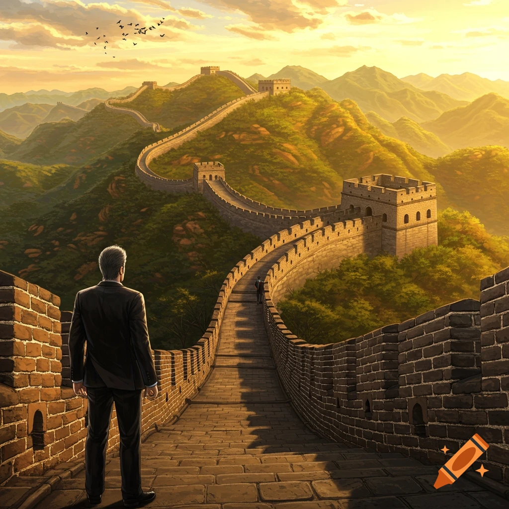 A man in a suit stands on the Great Wall of China, looking at the winding wall and mountains at sunset.
