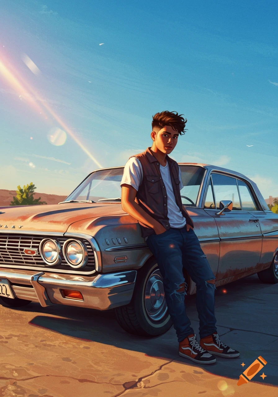A stylized illustration of a young man with dark curly hair leaning against a vintage rusty car under a sunny blue sky.