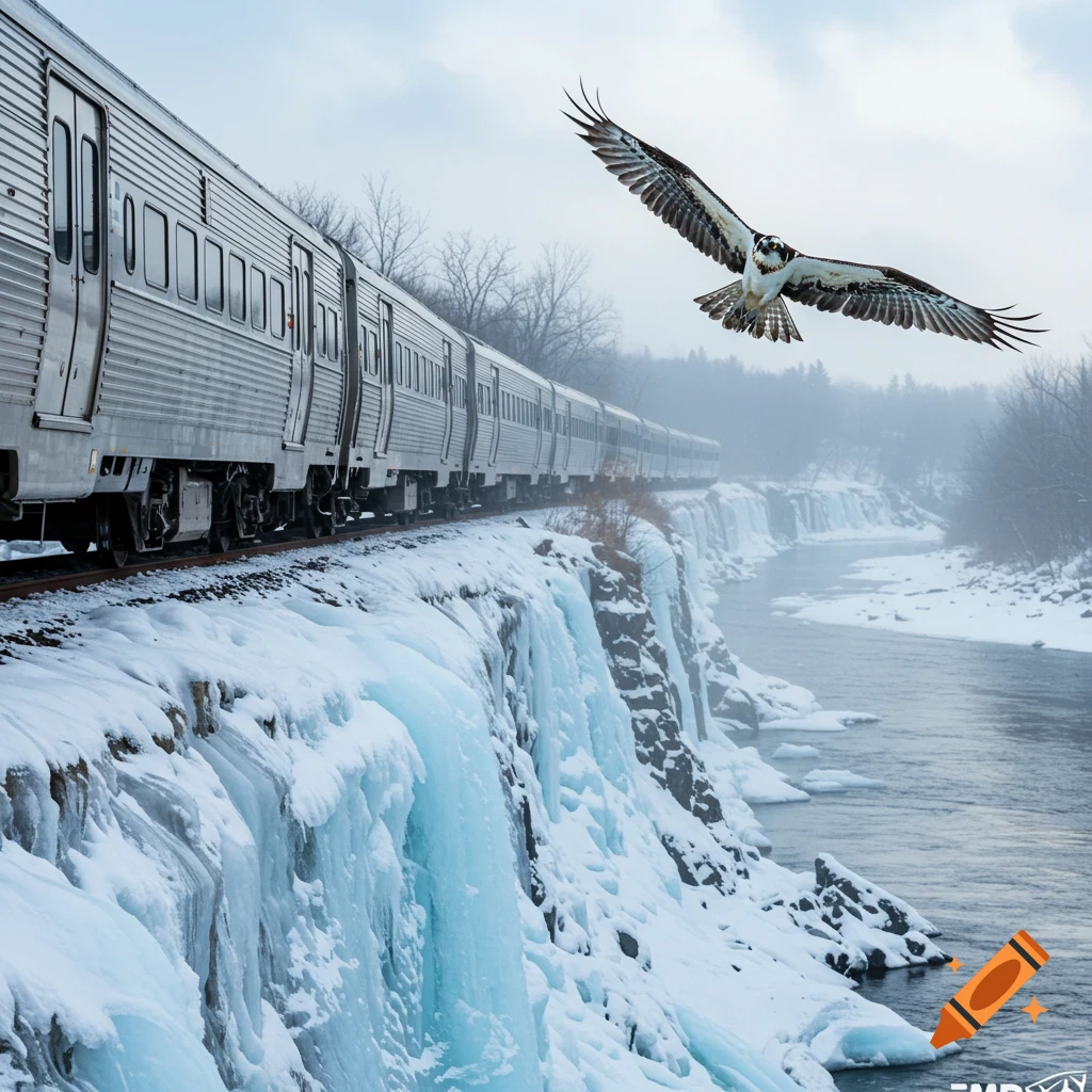 A silver train on an icy cliff above a river, with an osprey flying overhead in a snowy winter landscape.