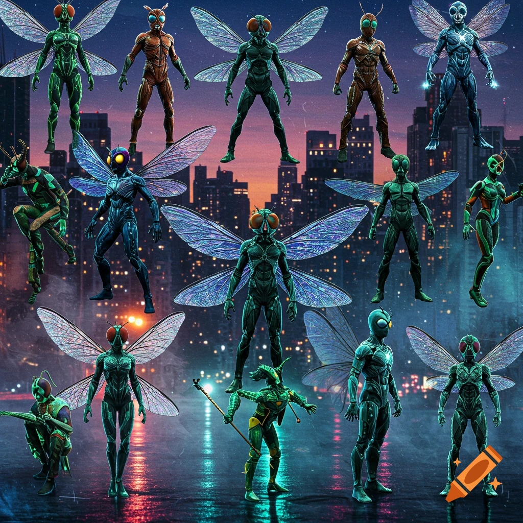 Multiple insect-like superheroes with translucent wings stand and pose against a dark, futuristic city skyline.