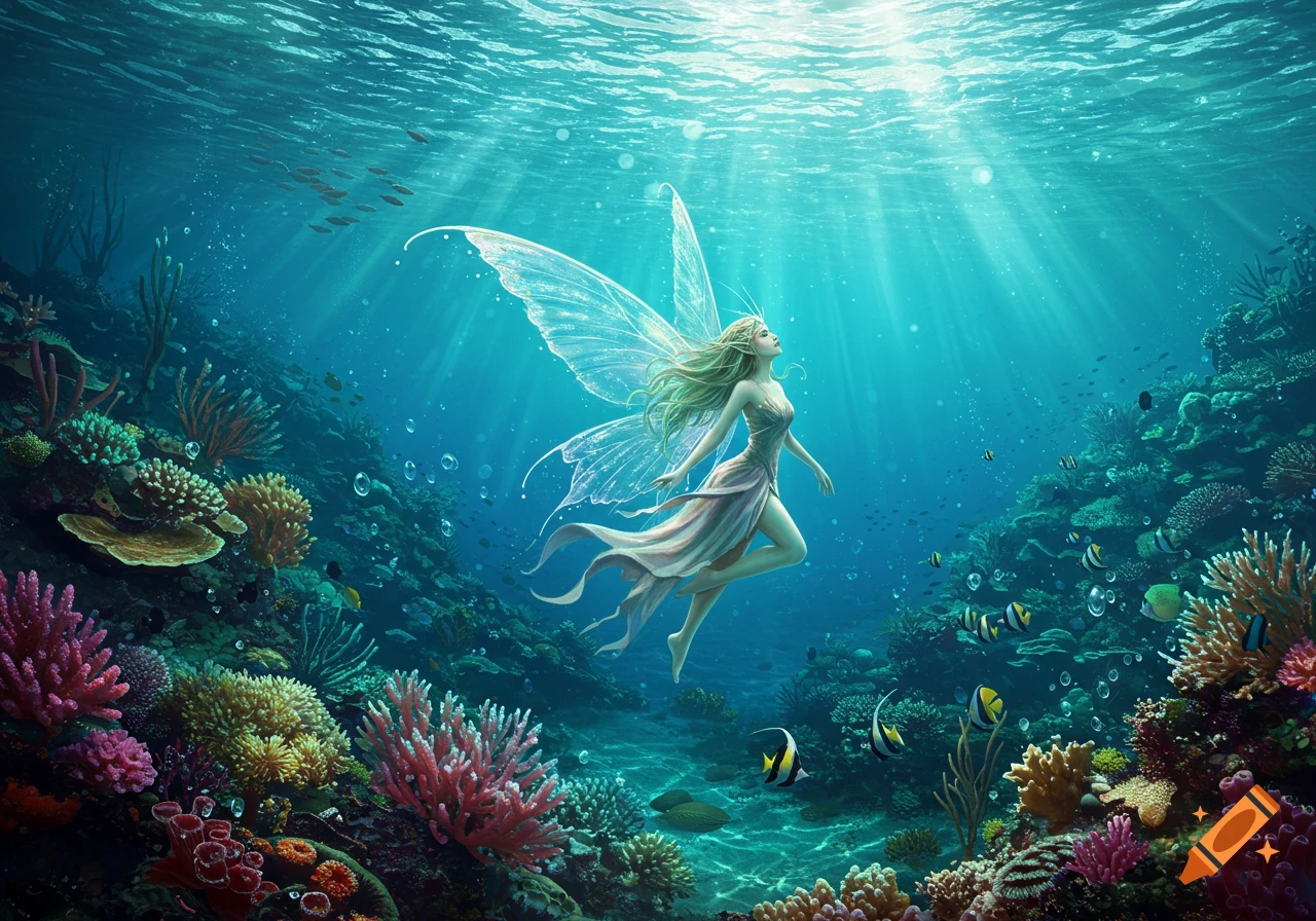 A graceful fairy with translucent wings floats in a vibrant underwater coral reef, illuminated by rays of light.