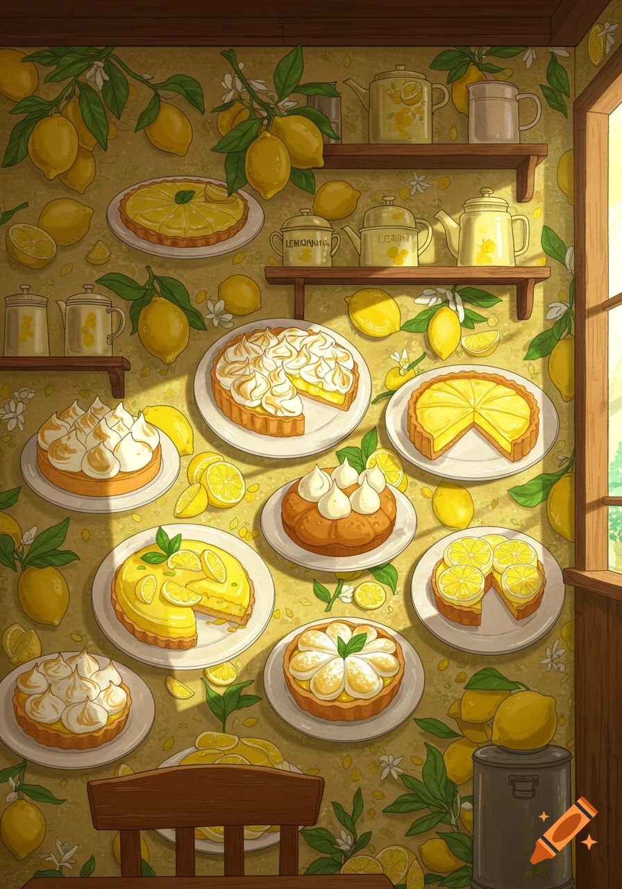 An illustration of a cafe wall adorned with numerous lemon tarts, cakes, and fresh lemons, with lemon-themed teapots on shelves.