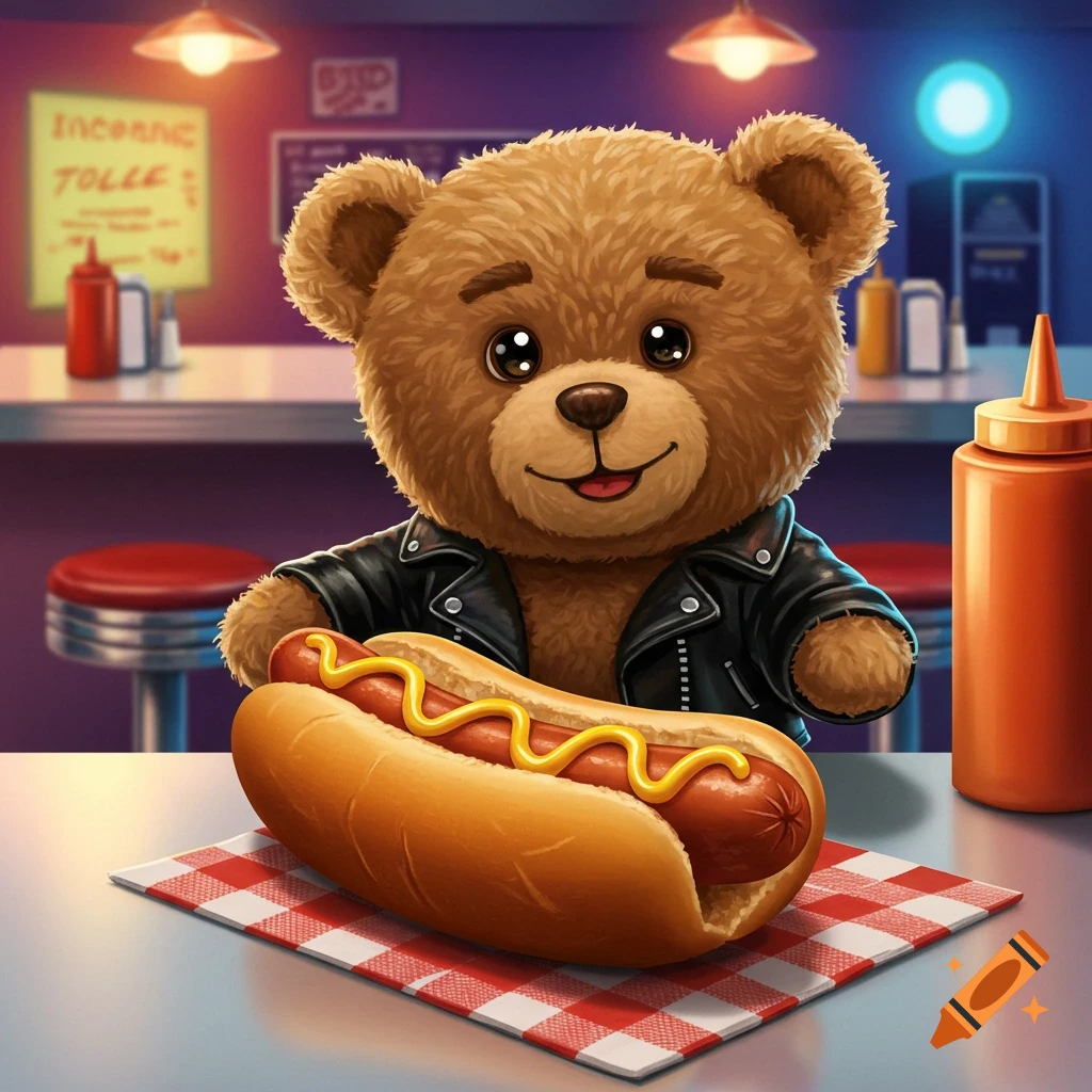 A cute cartoon teddy bear wearing a leather jacket holds a hotdog with mustard in a retro diner.