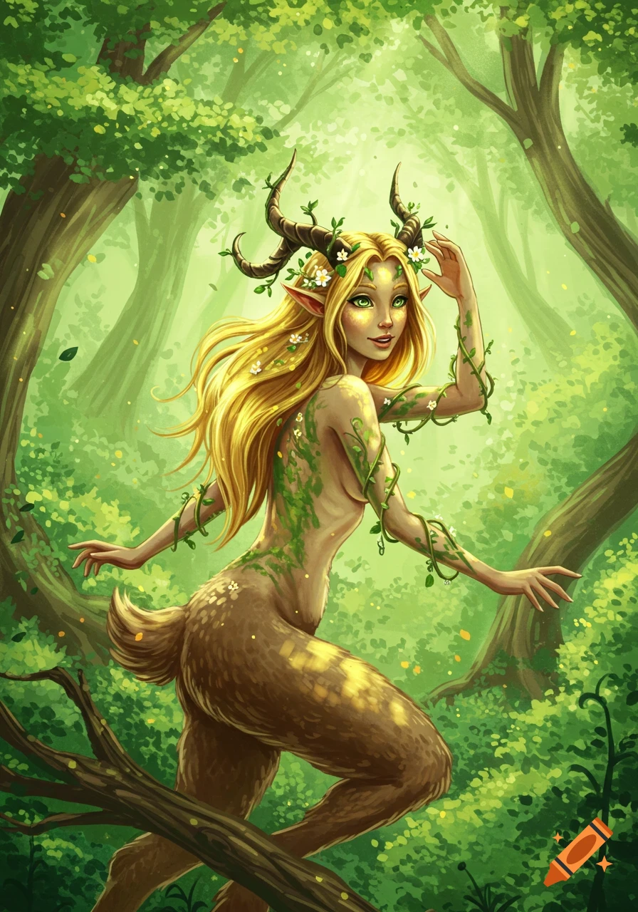 A blonde-haired female satyr with horns, covered in green vines and white flowers, stands in a lush green forest, digital art.