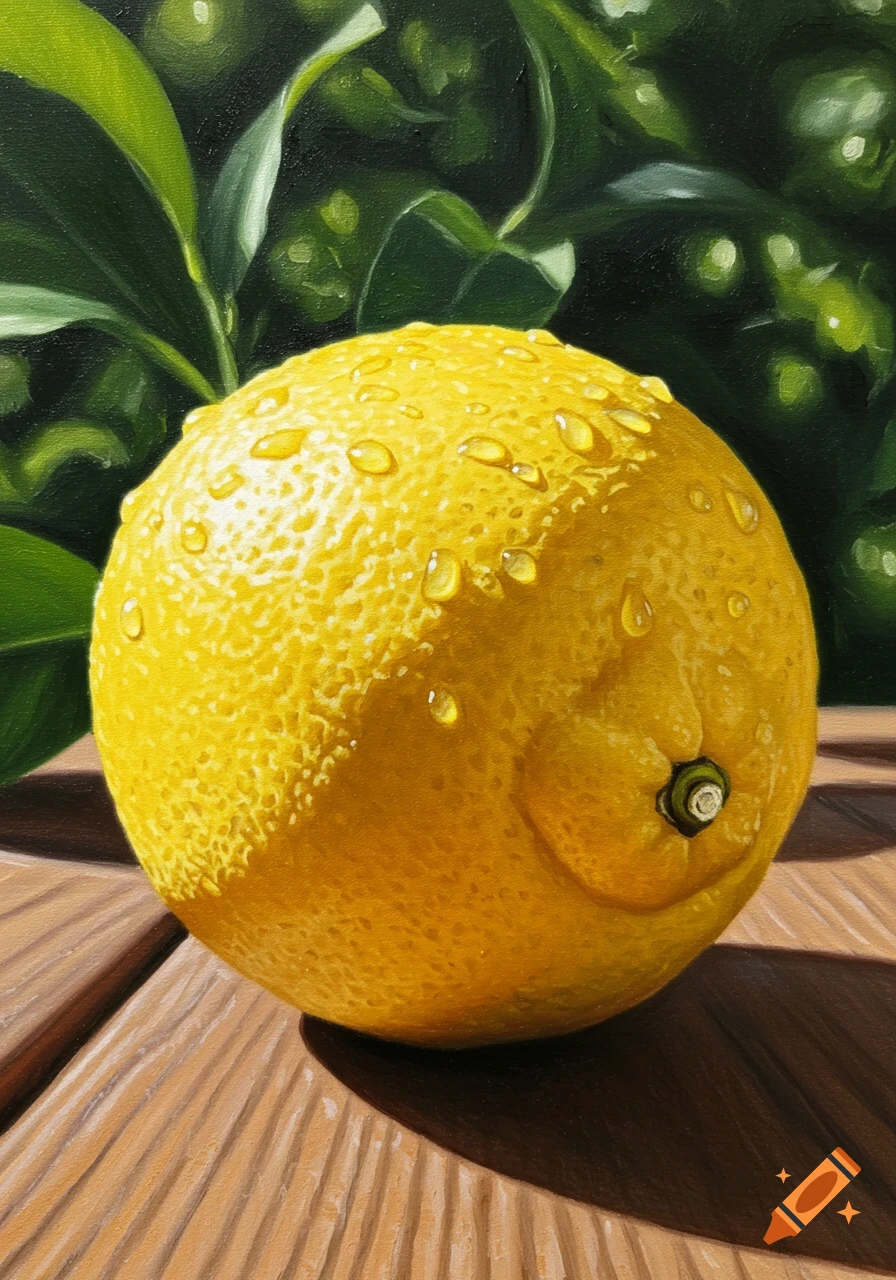 A photorealistic painting of a yellow lemon covered in water droplets on a wooden table, with blurred green leaves in the background.