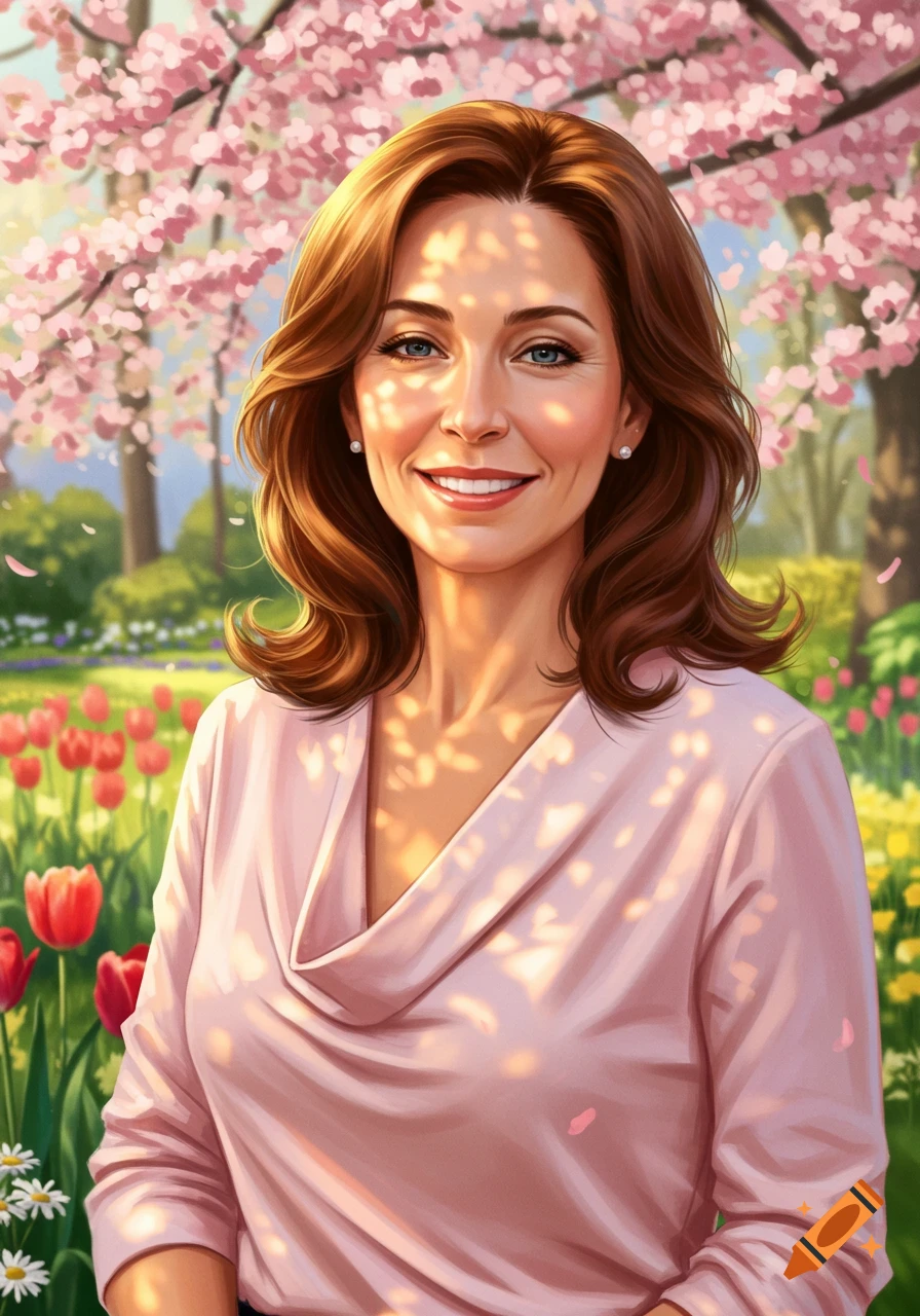 A smiling woman with brown hair in a pink blouse stands in a vibrant spring garden with pink cherry blossoms and red tulips.