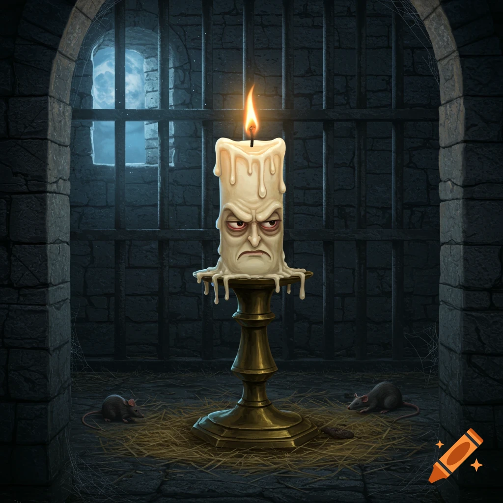 An angry-faced candle on a brass stand in a dark, stone jail cell with two rats and a moonlit barred window.
