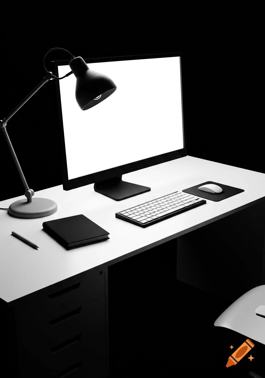 A minimalist black and white computer workstation with a monitor, desk lamp, keyboard, mouse, notebook, and pen.