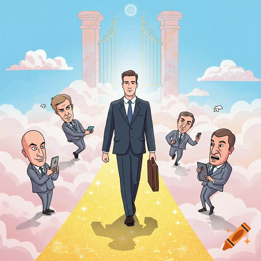 A cartoon businessman walks on a golden path through the clouds towards heaven's gates, surrounded by smaller, agitated businessmen holding phones.