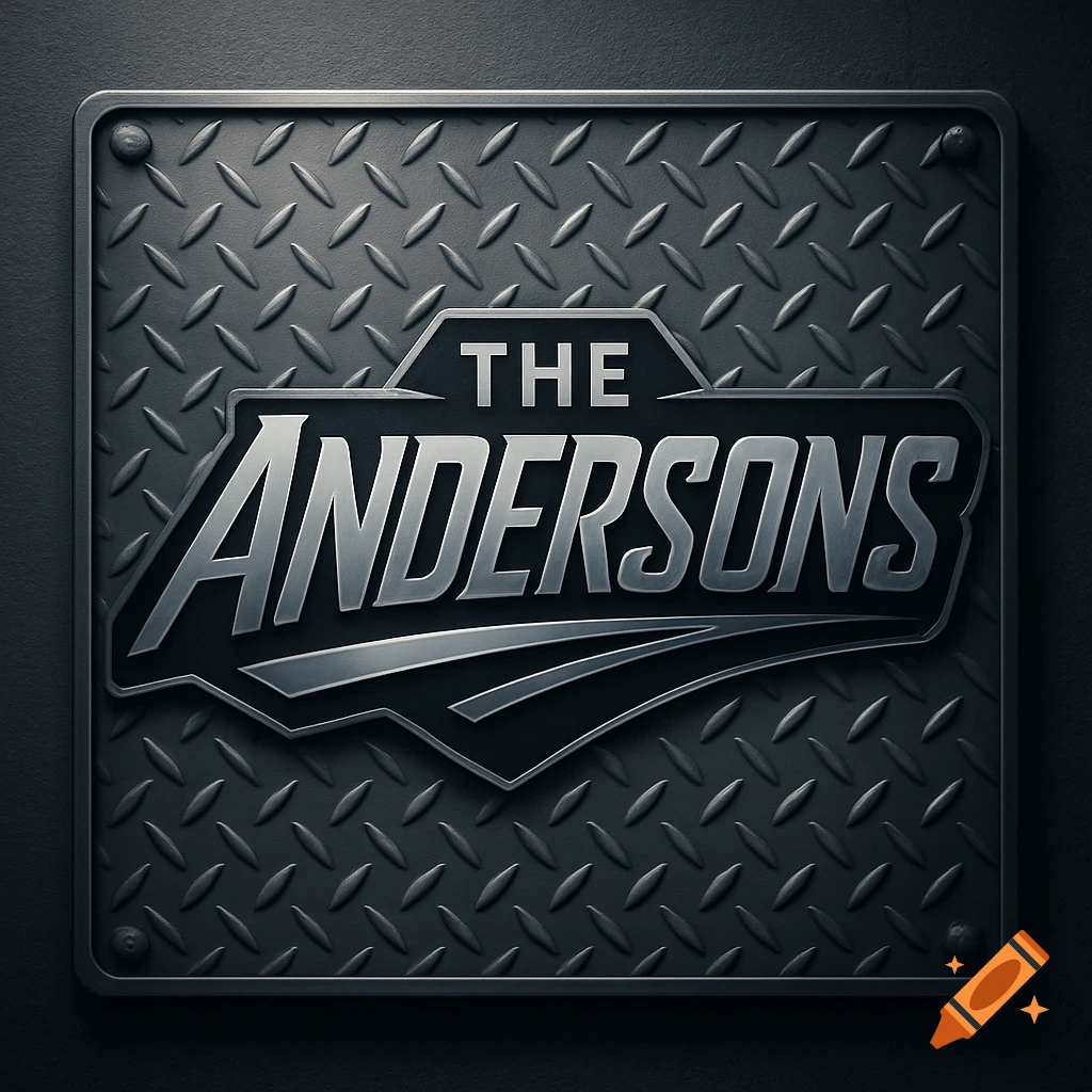 A metallic sign with "THE ANDERSONS" logo on a dark diamond plate background.