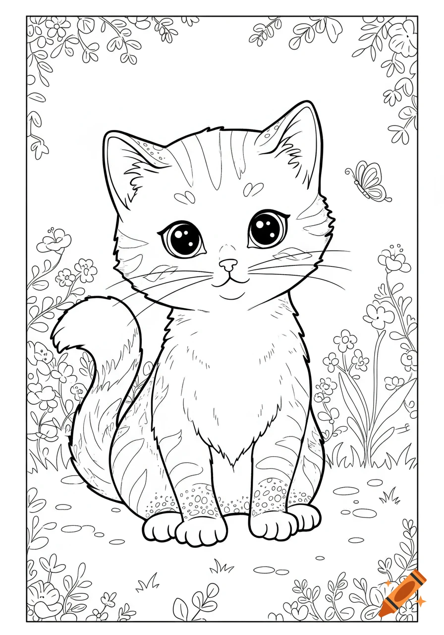 A cute cartoon cat sits among flowers and leaves with a butterfly, in a black and white line art coloring page style.