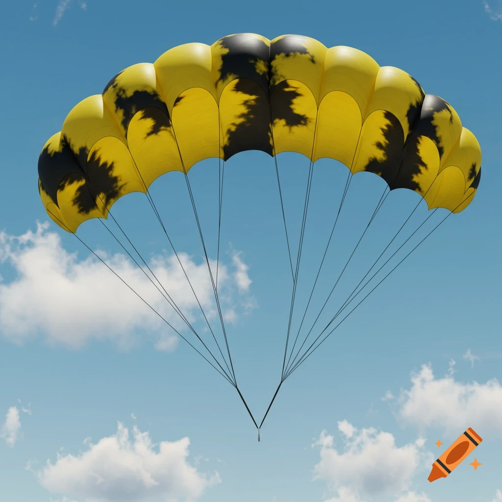 A yellow and black tie-dye parachute soaring through a blue sky with white clouds.