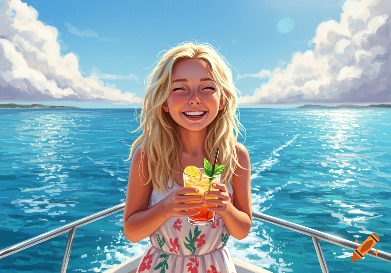A happy blonde girl smiles, holding a cocktail on a boat in the sunny ocean, in a stylized illustration.