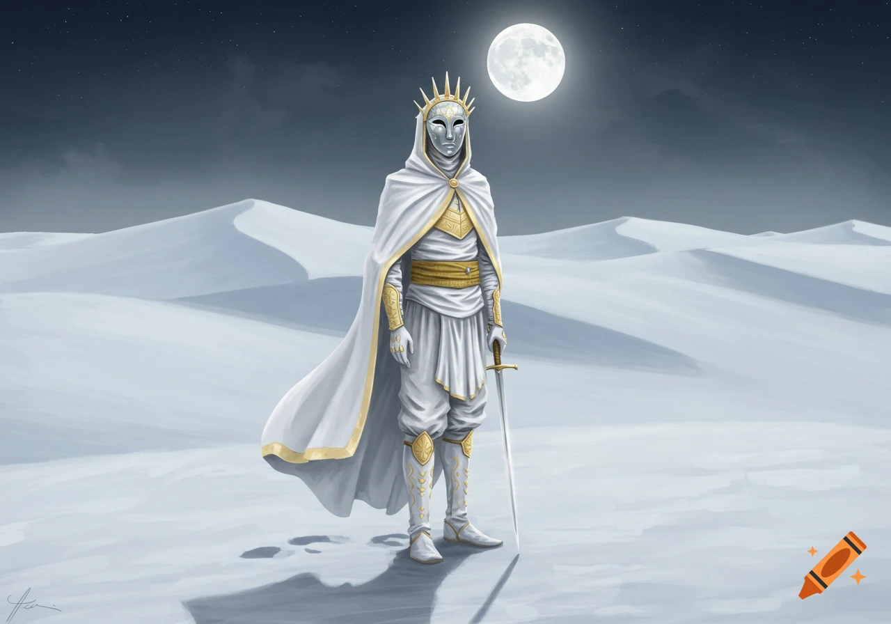 A masked warrior in a white and gold cloak stands in a serene white desert under a full moon. Painterly fantasy illustration.