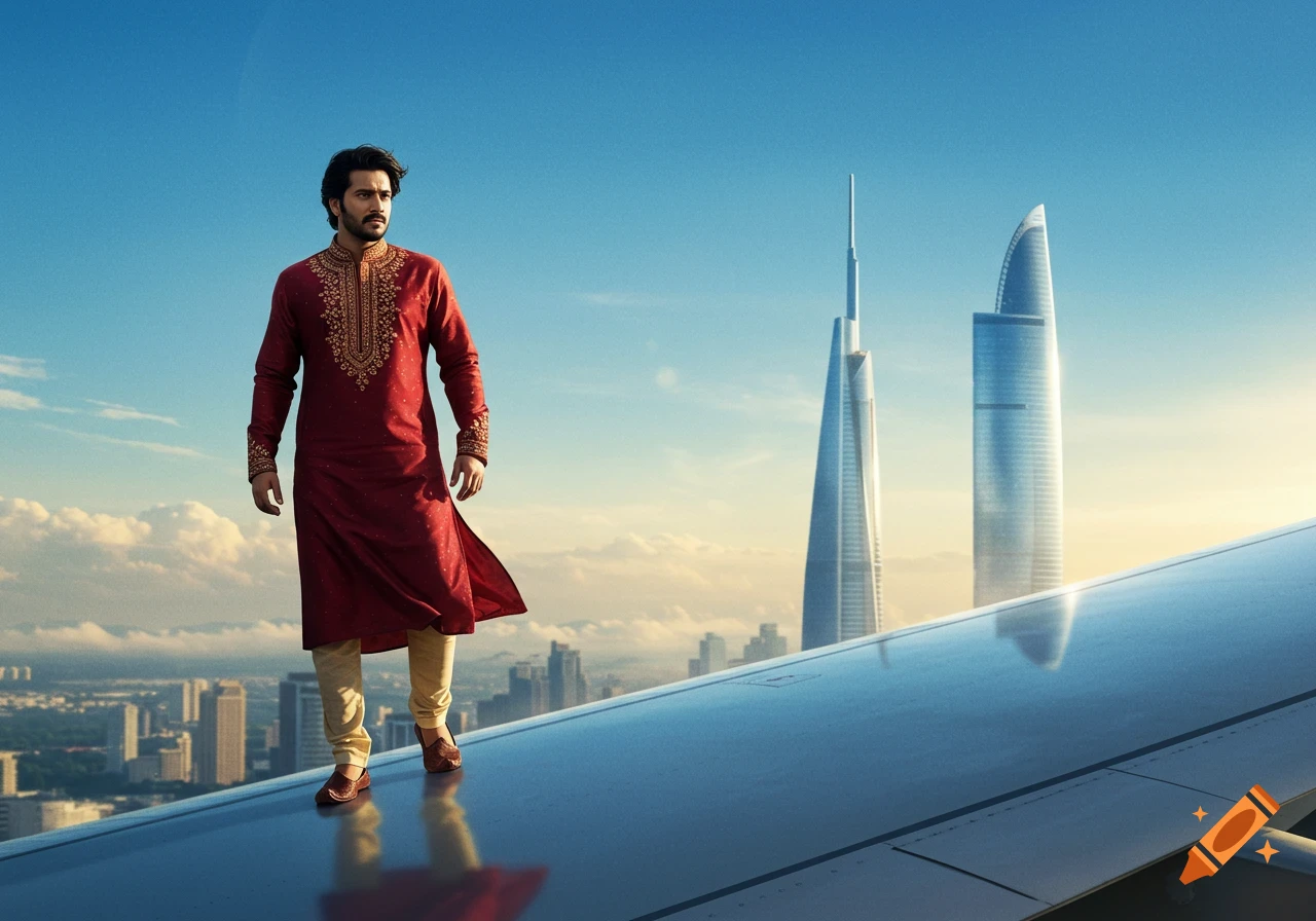 A photorealistic image of an Indian man in a red kurta with gold embroidery standing on an airplane wing above a city skyline.