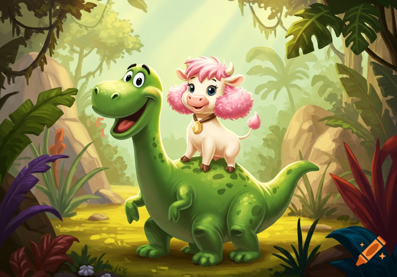 A happy cartoon green dinosaur with a fluffy pink-haired baby cow riding on its back in a vibrant jungle.
