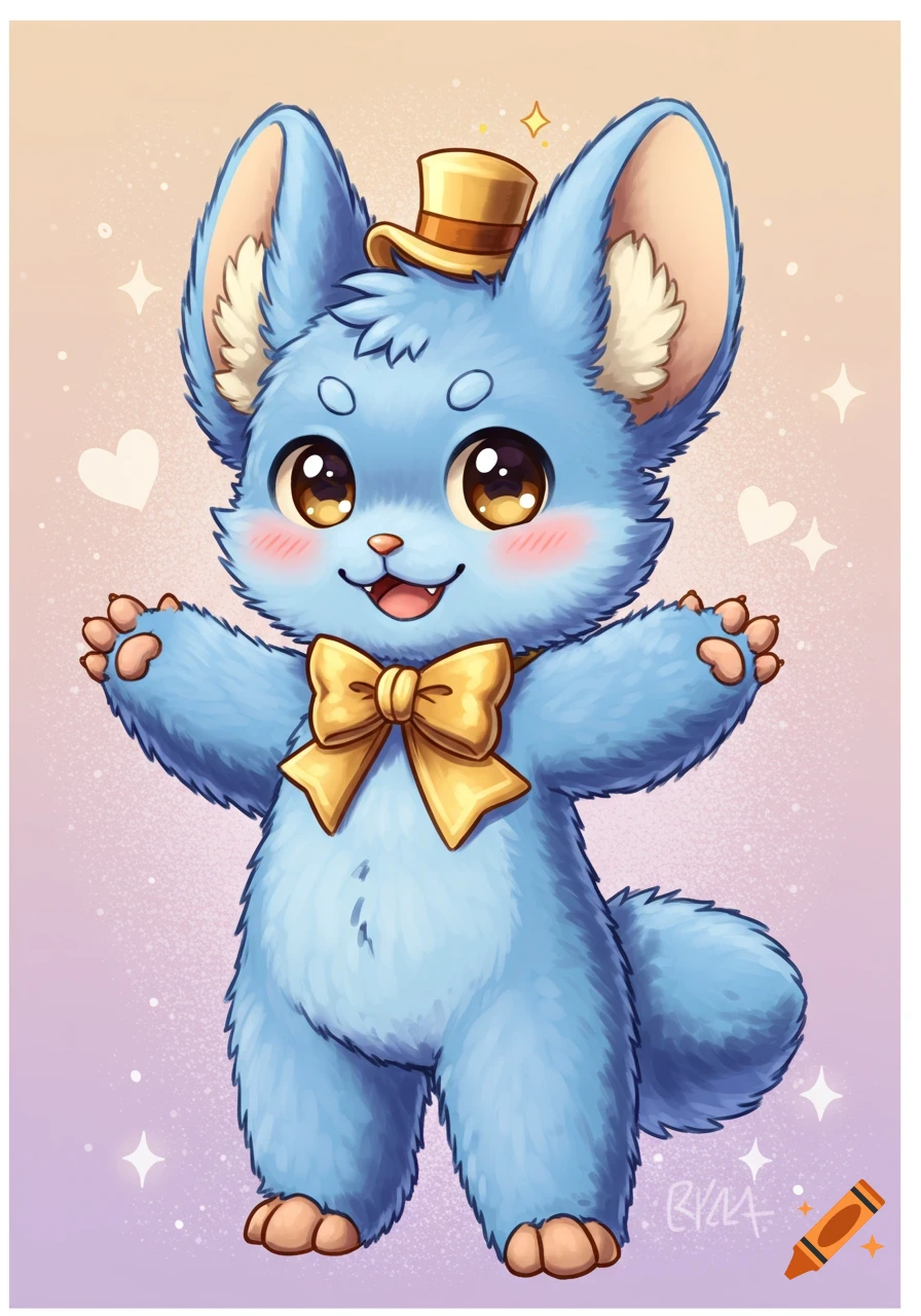 A fluffy blue cartoon creature with big eyes, a tiny gold top hat, and a yellow bow tie, stands with arms open against a sparkling background.