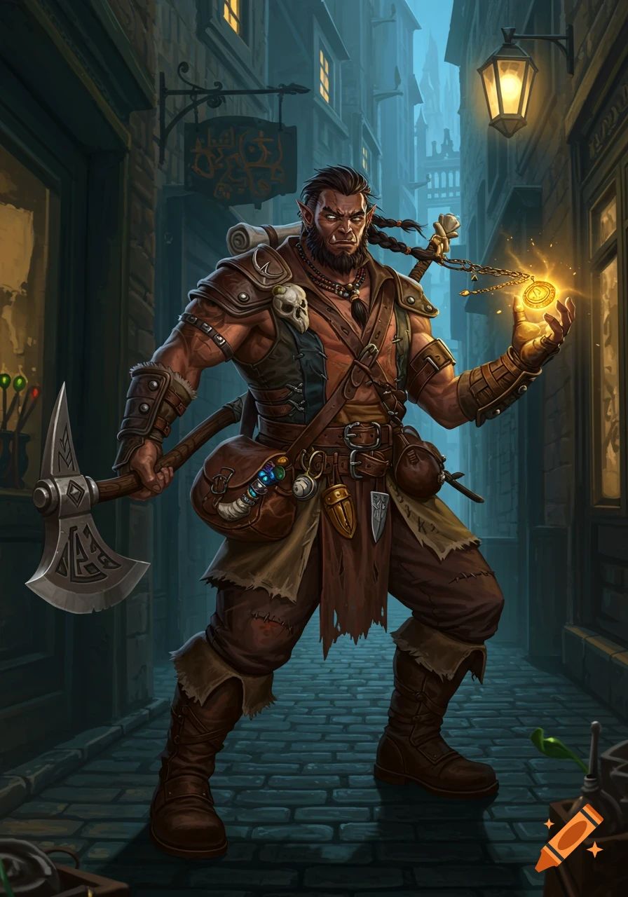 A muscular half-orc adventurer with an axe and a glowing golden amulet stands in a dark fantasy alley.