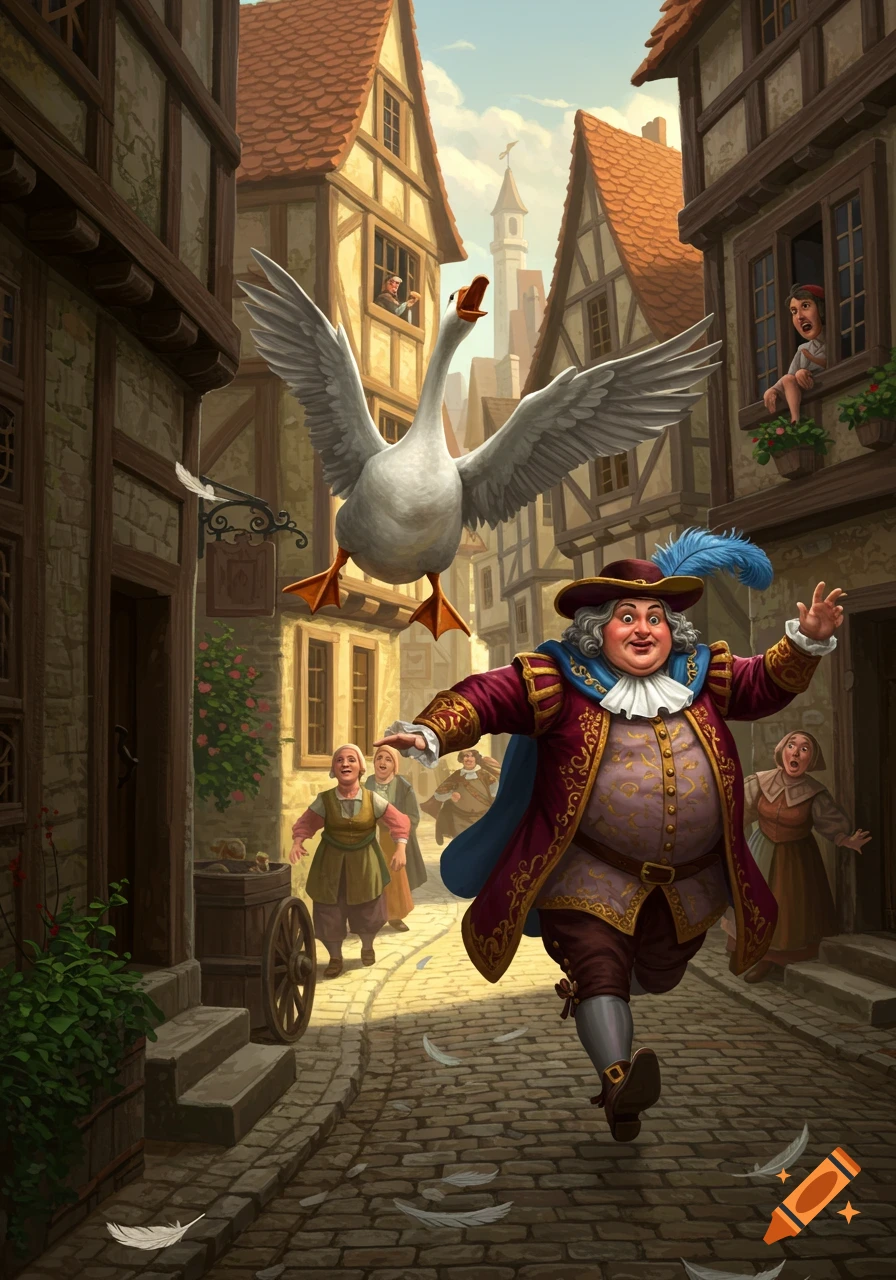 A portly baron runs from a large white goose on a cobblestone street in a whimsical, old European town.
